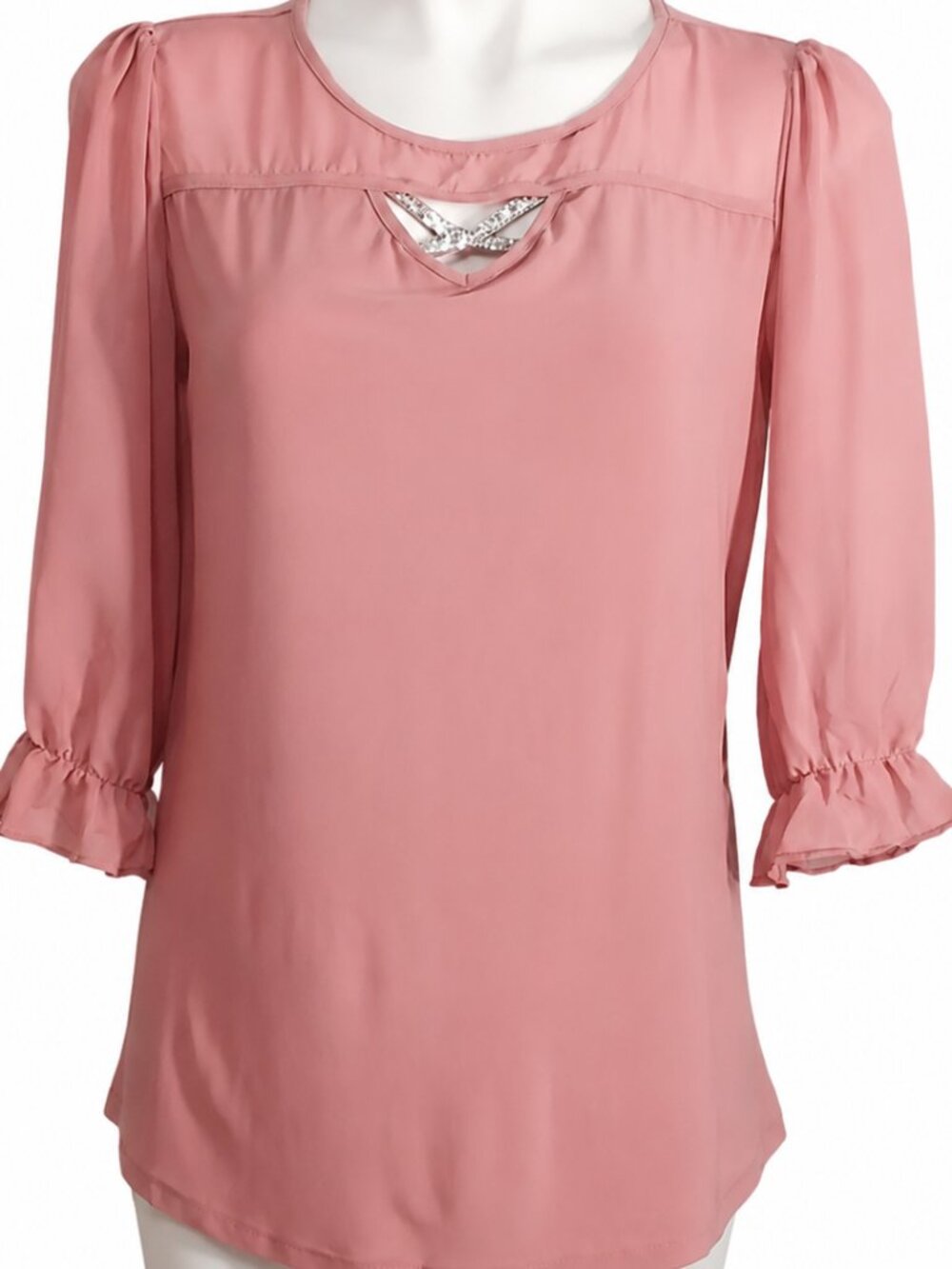 Small Womens Dusty Rose Blouse Rhinestone Cutout Sheer Ruffle Sleeve opening